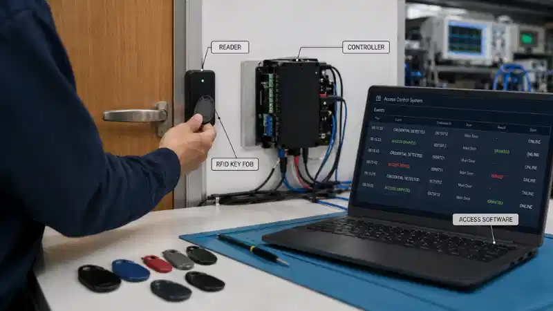 RFID key fob compatibility test using an access reader, controller and access-control software before mass production RFID key fob compatibility test using an access reader, controller and access-control software before mass production