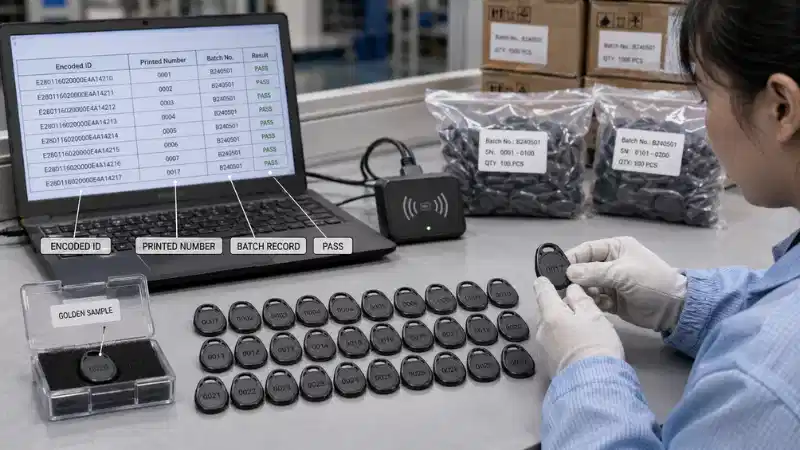 Golden sample and production quality inspection for encoded RFID key fobs before bulk shipment Golden sample and production quality inspection for encoded RFID key fobs before bulk shipment